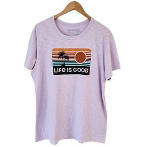Life is Good Palm Trees Sun Graphic T Shirt Mens Sz L Purple Cotton Summer Beach